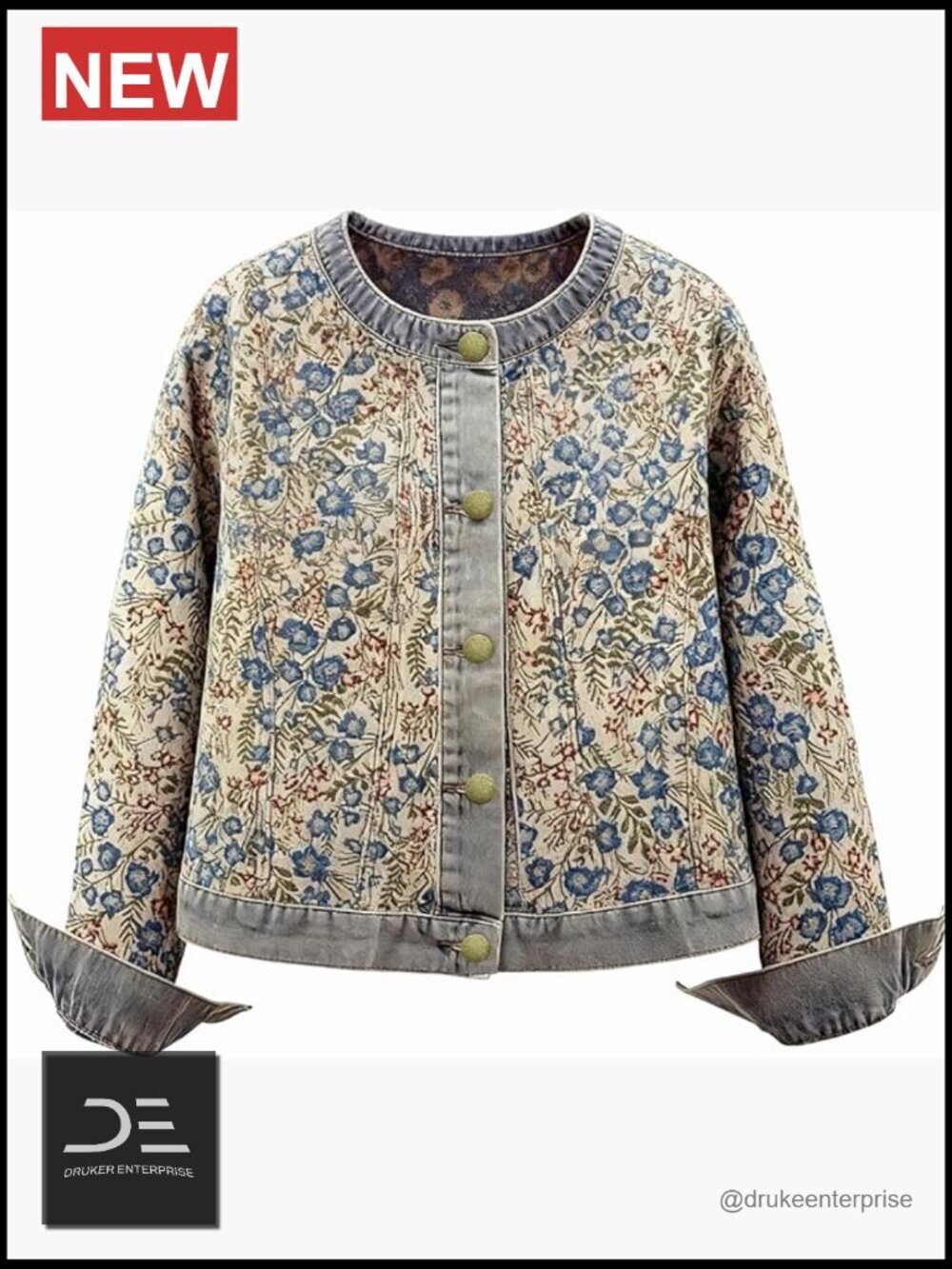 Vintage Floral Jacquard Denim Bomber Jacket Long Sleeve Button Closure
